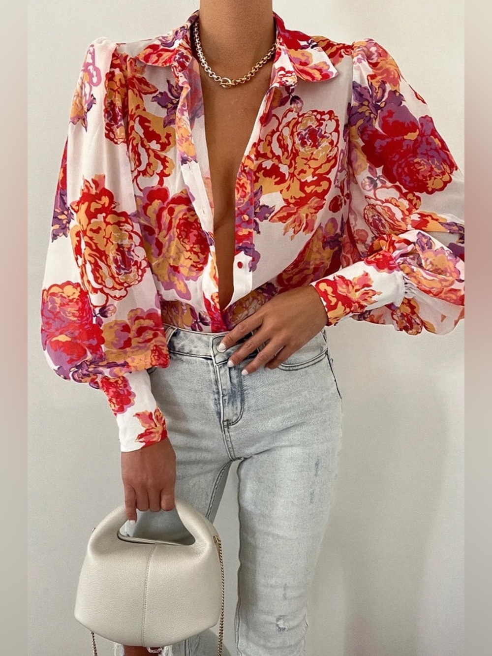 RNWY Floral Puff-Sleeve Button-Down Blouse